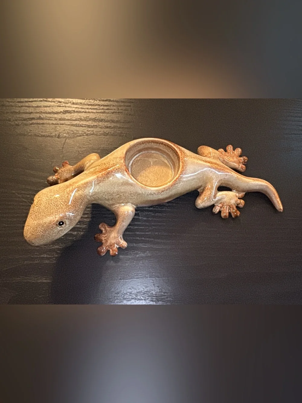 PartyLite Tropical Gecko Tealight Candle Holder Glazed Beige Ceramic 9.5”